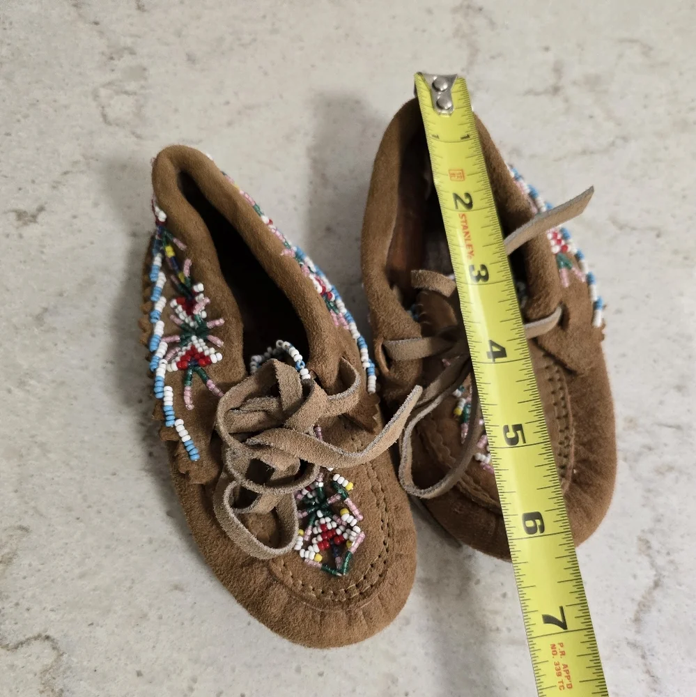 Pair Of Vintage Kids Hand Beaded Leather Moccasins